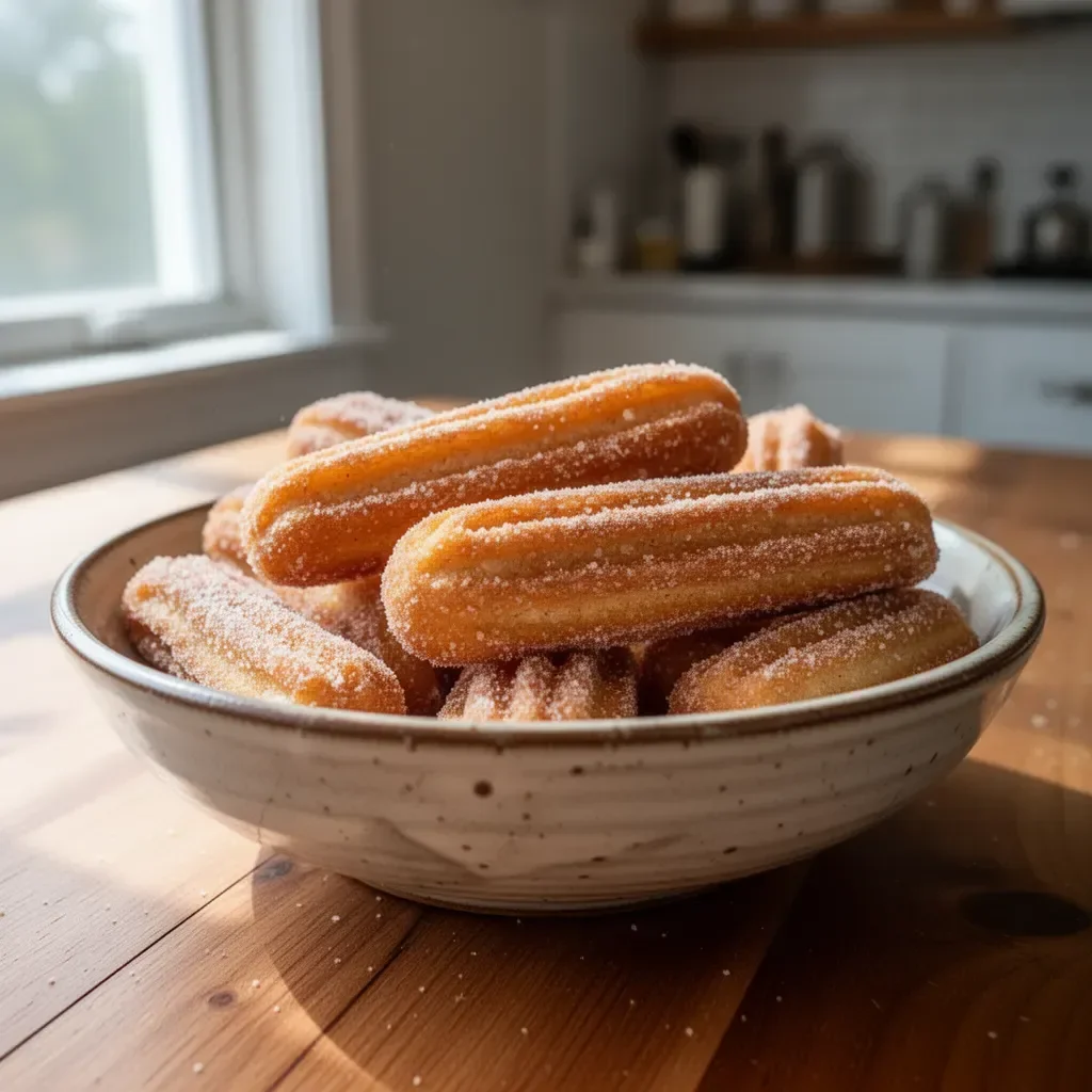 Healthy baked churro bites served on a plate with a sprinkle of cinnamon sugar