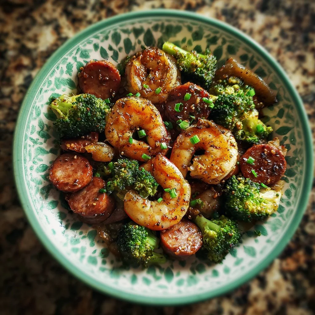 Honey Garlic Prawns dish with sausage and broccoli on a serving plate
