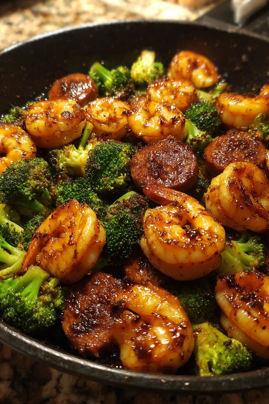 Honey Garlic Prawns with Sausage and Broccoli