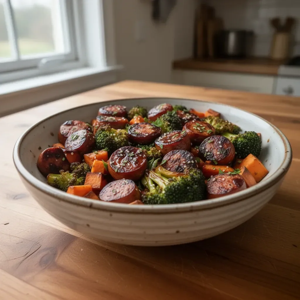 Honey Garlic Sausage and Sweet Potato Tray Bake, a hearty dinner dish.