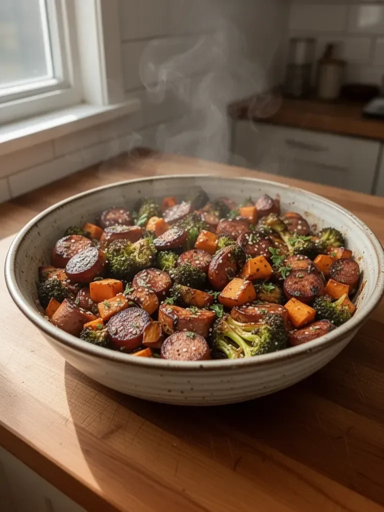 Honey Garlic Sausage and Sweet Potato Tray Bake Dinner