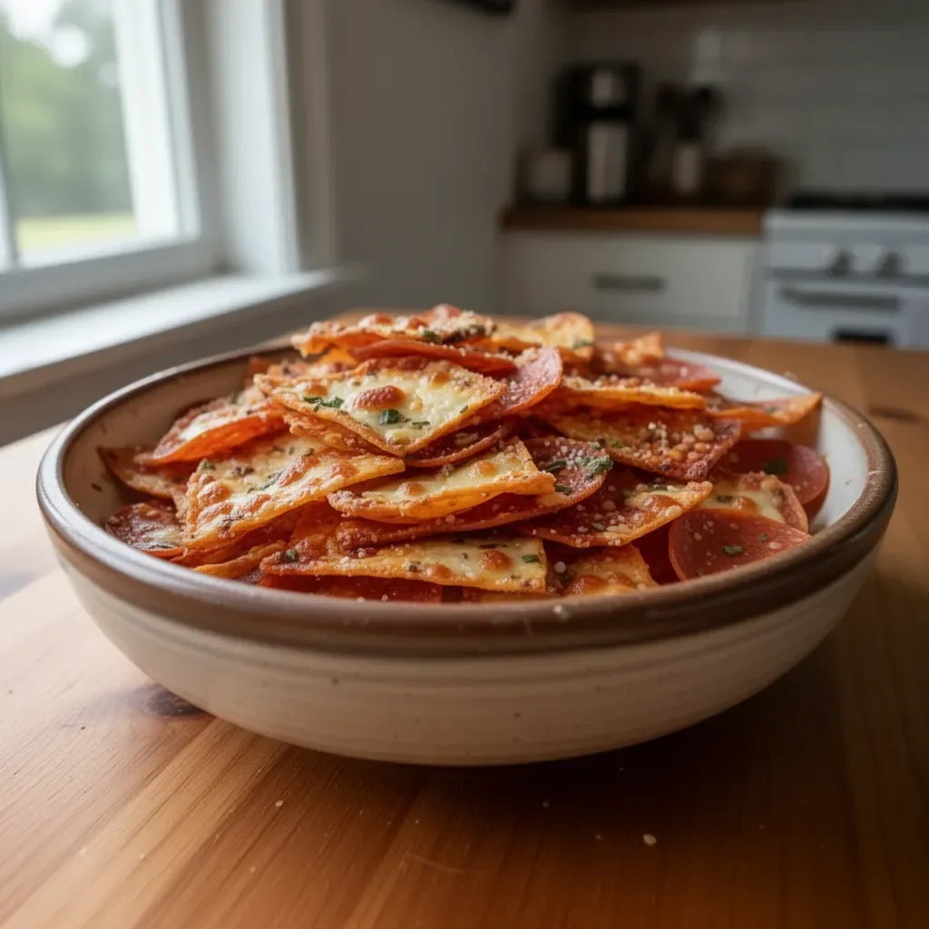 Keto pepperoni cheese crisps in a bowl, healthy low-carb snack