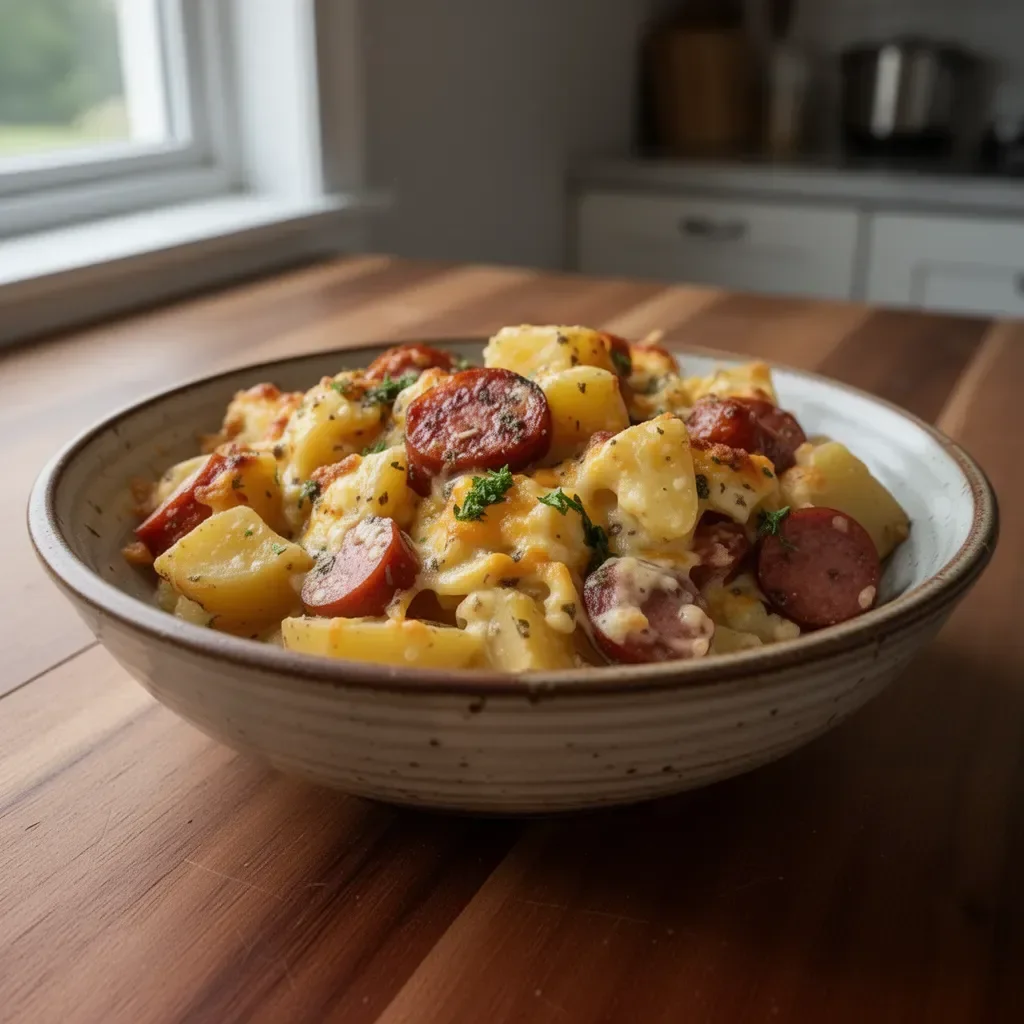 Cheesy potato bake with kielbasa sausage, ideal for a comforting family meal