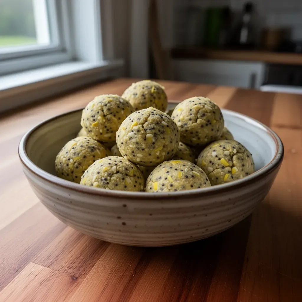 Homemade lemon poppy seed protein balls on a table