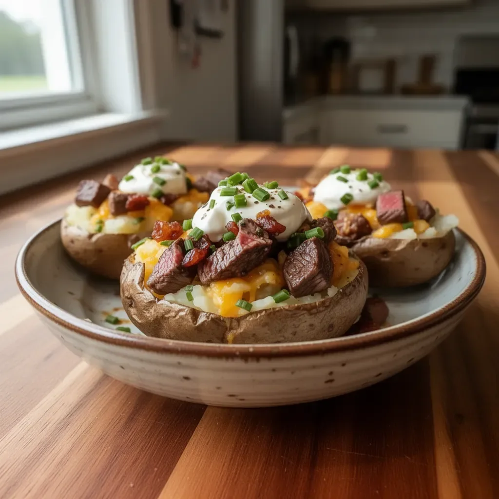 Loaded baked potato topped with steak pieces, a delicious comfort food dish.