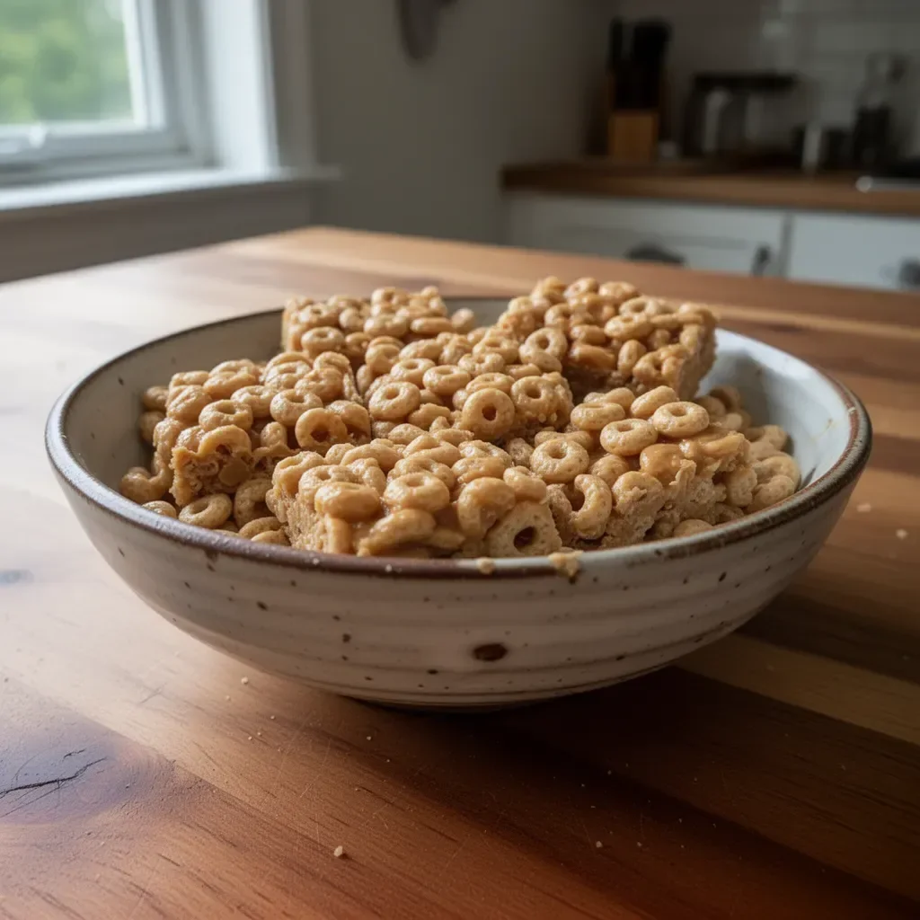 Delicious no-bake peanut butter Cheerio bars served on a plate