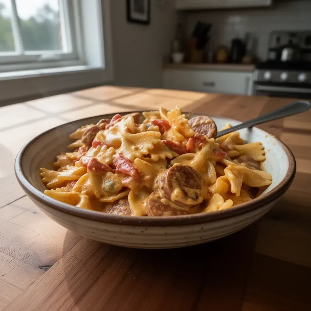 Delicious one pot creamy Cajun sausage pasta in a skillet