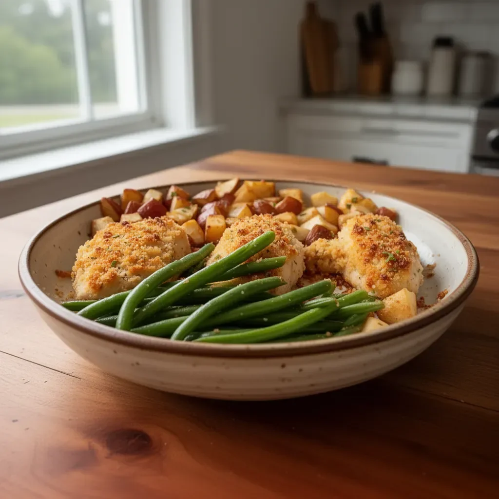 Parmesan Crusted Chicken served in a one-pan dinner setting