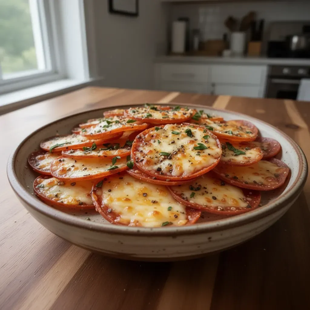 Delicious homemade Pepperoni Cheese Crisps served on a white plate.
