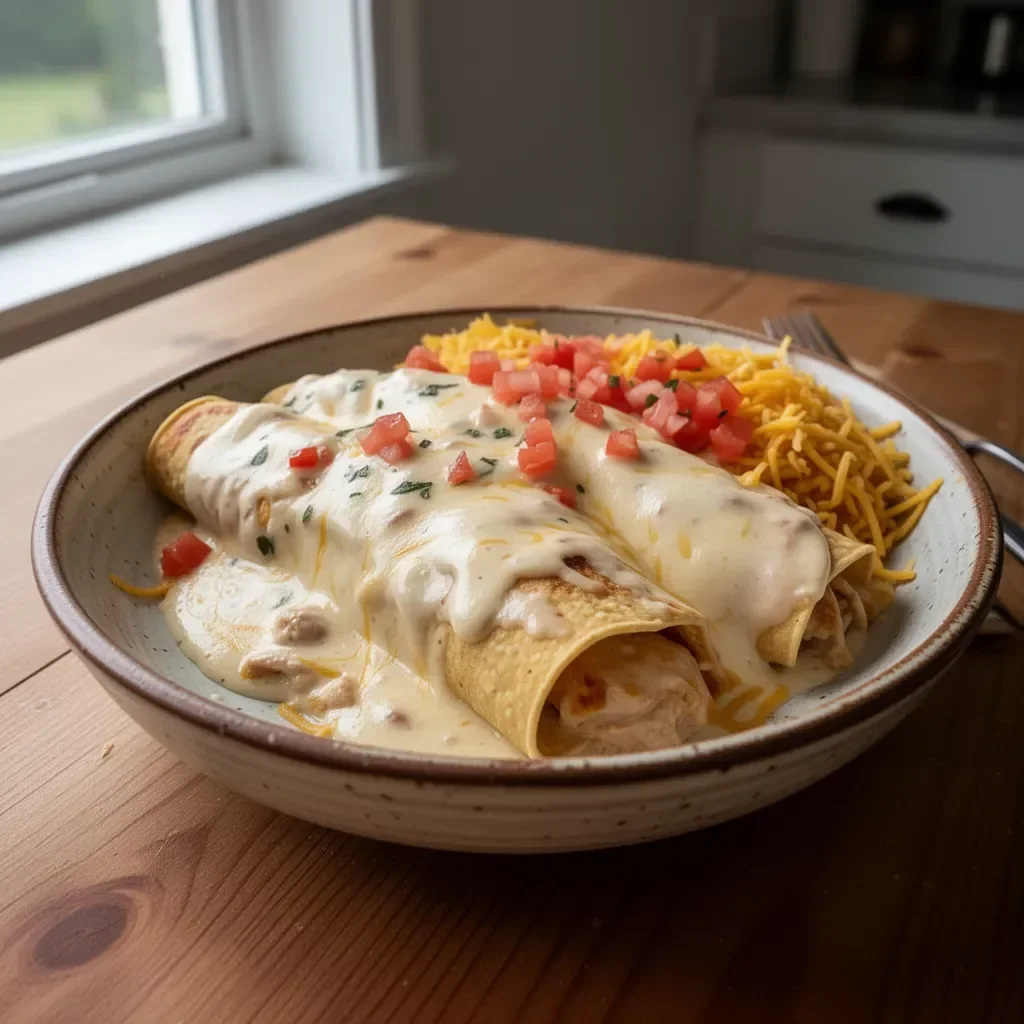 Delicious and cheesy queso chicken enchiladas served on a plate