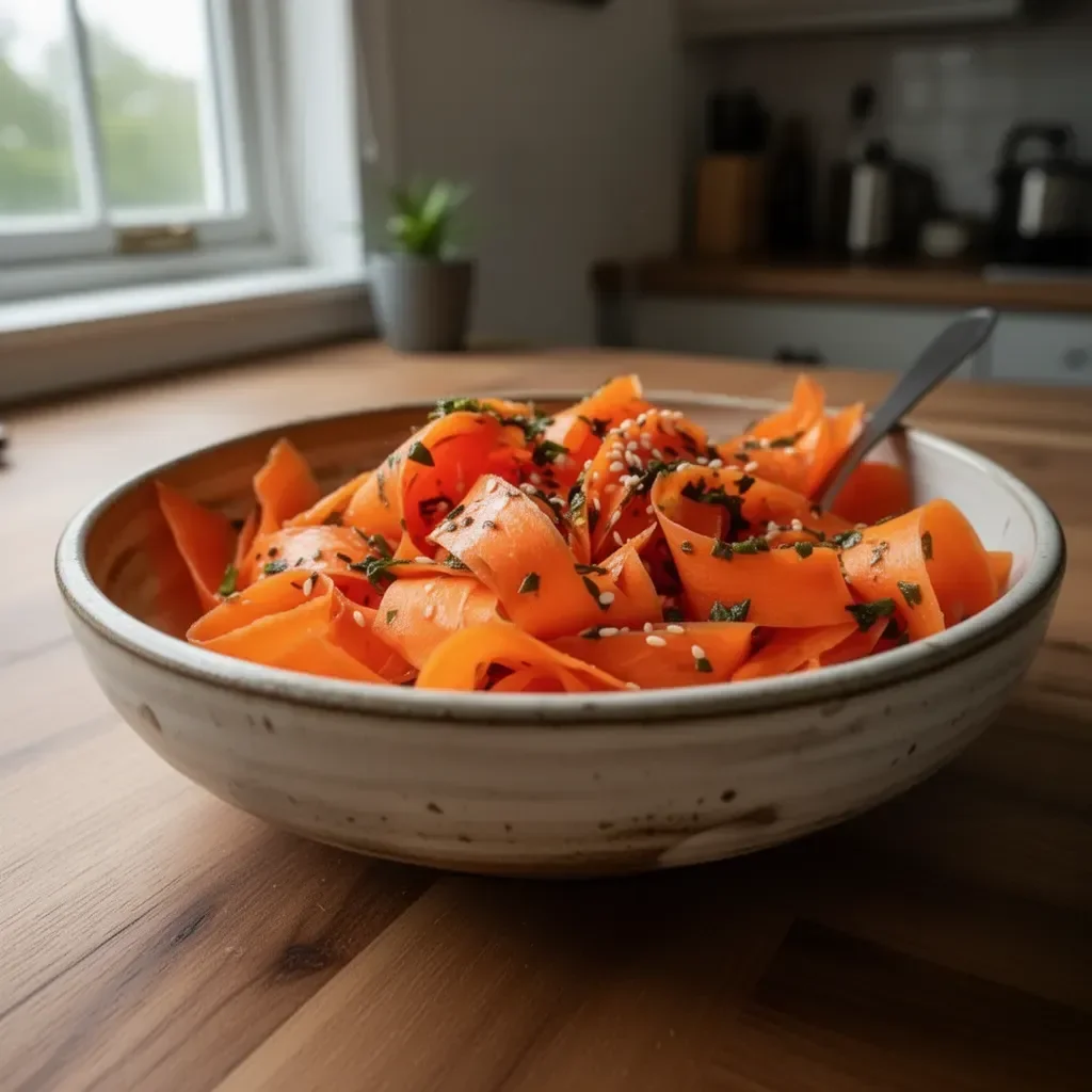 A vibrant raw carrot salad with fresh vegetables and dressing
