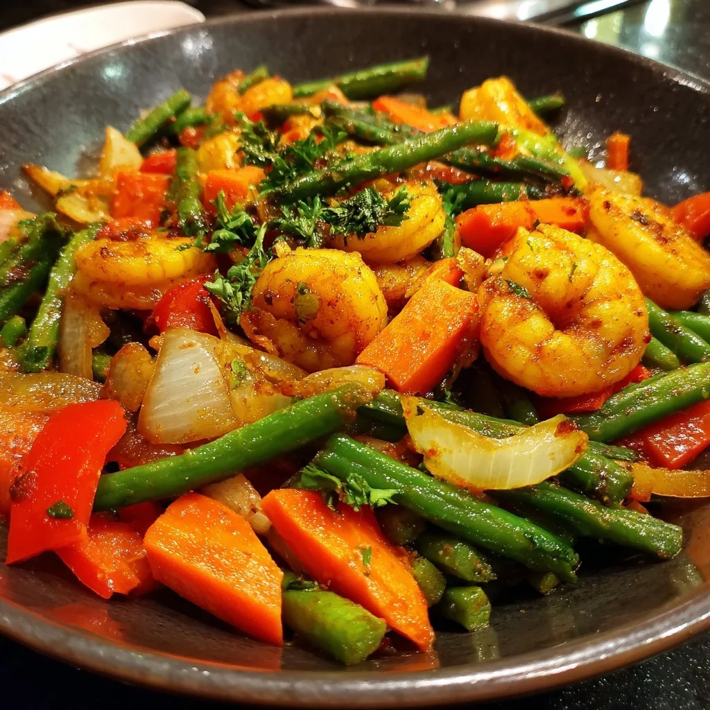 Shrimp and vegetable stir-fry dish served in a skillet