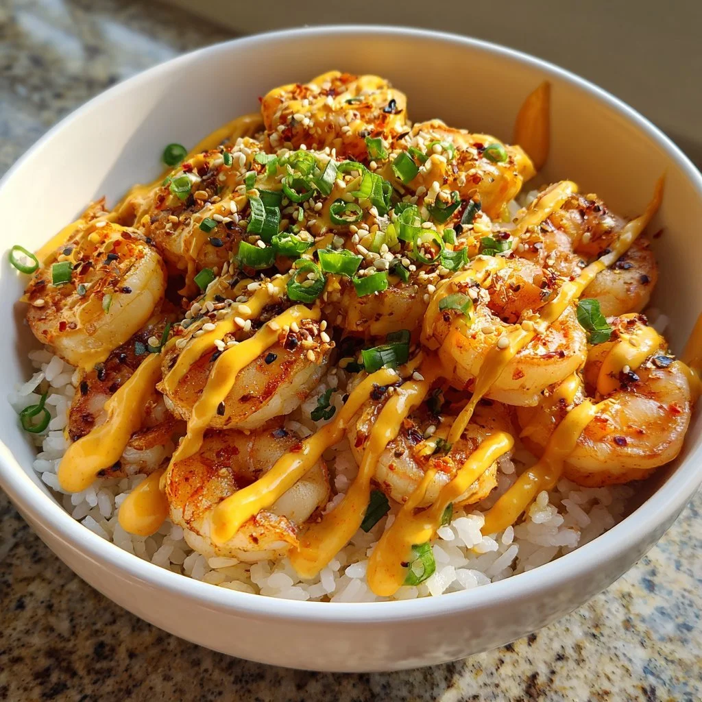 Delicious shrimp rice bowls with spicy mayonnaise topping for a tasty meal