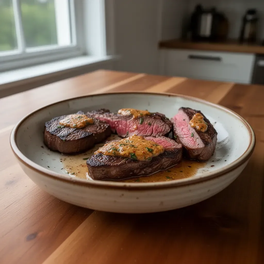 Delicious Cowboy Butter Steak served with a rich butter sauce on a wooden plate