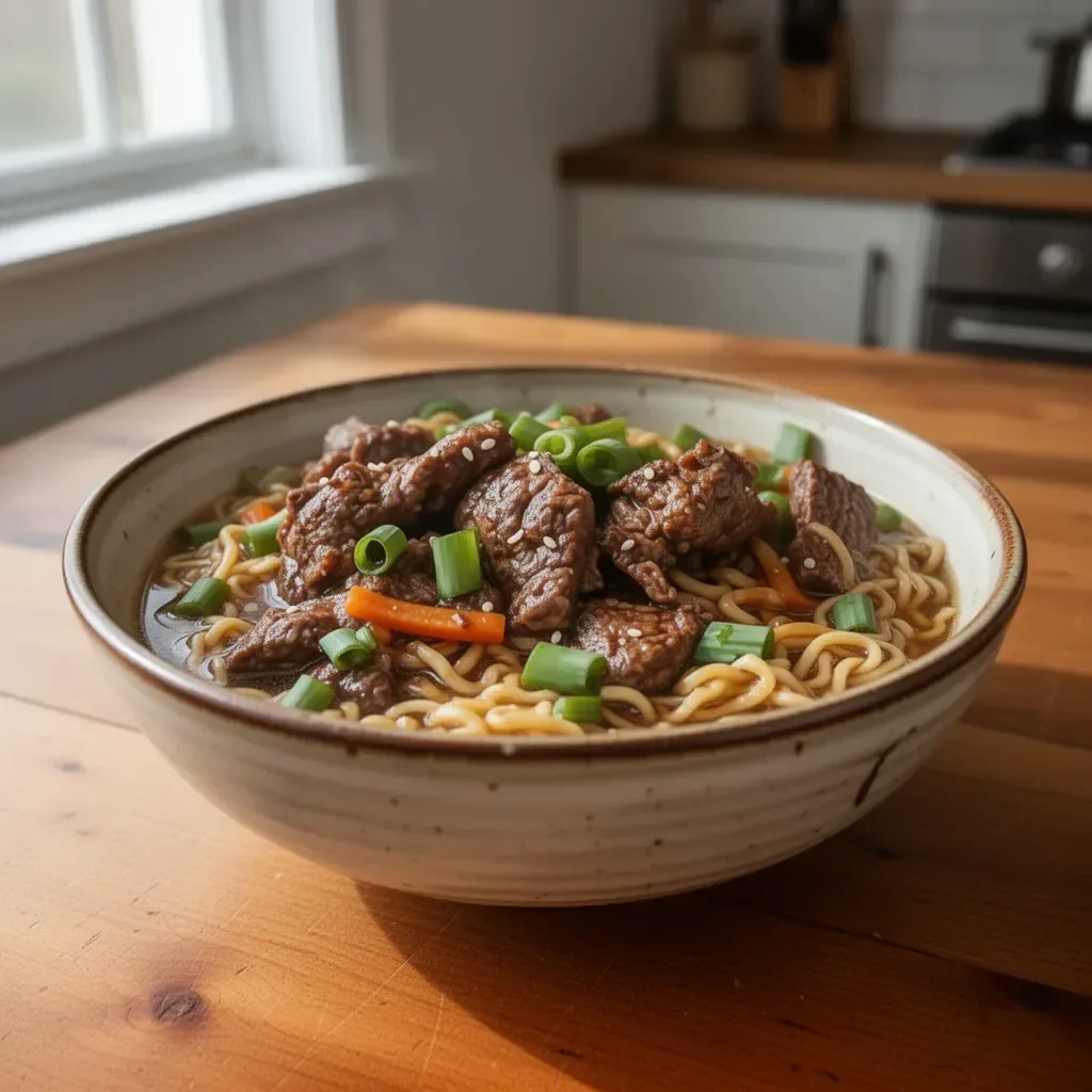 Slow Cooker Beef Ramen Noodles served in a bowl with toppings