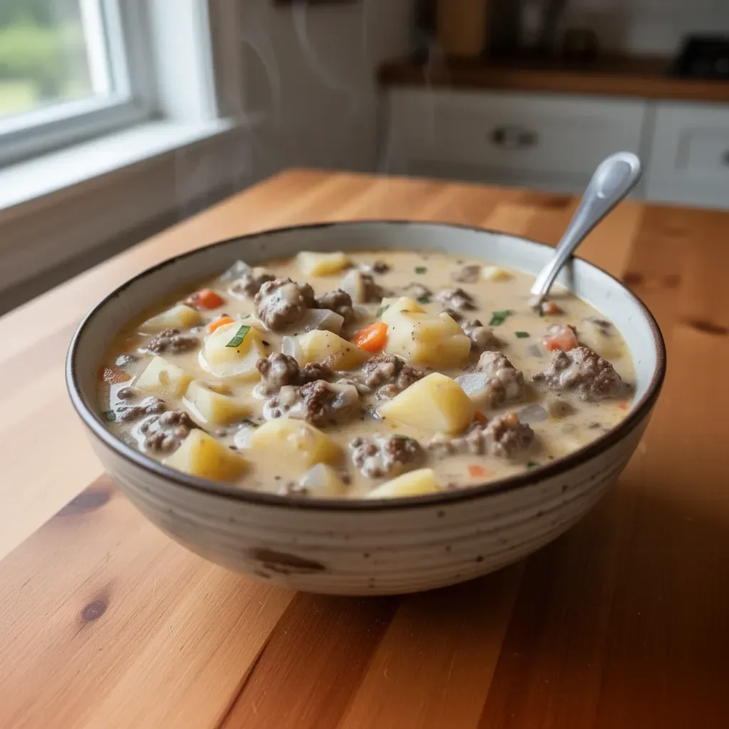 A bowl of creamy potato and beef burger soup made in a slow cooker