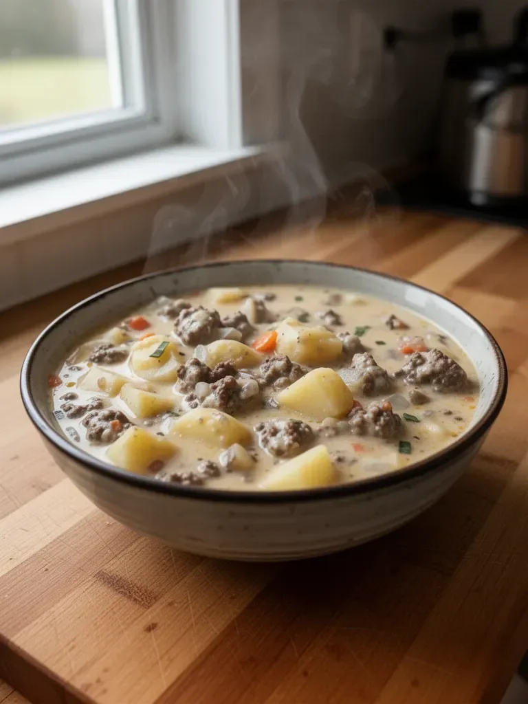 Slow Cooker Creamy Potato and Beef Burger Soup