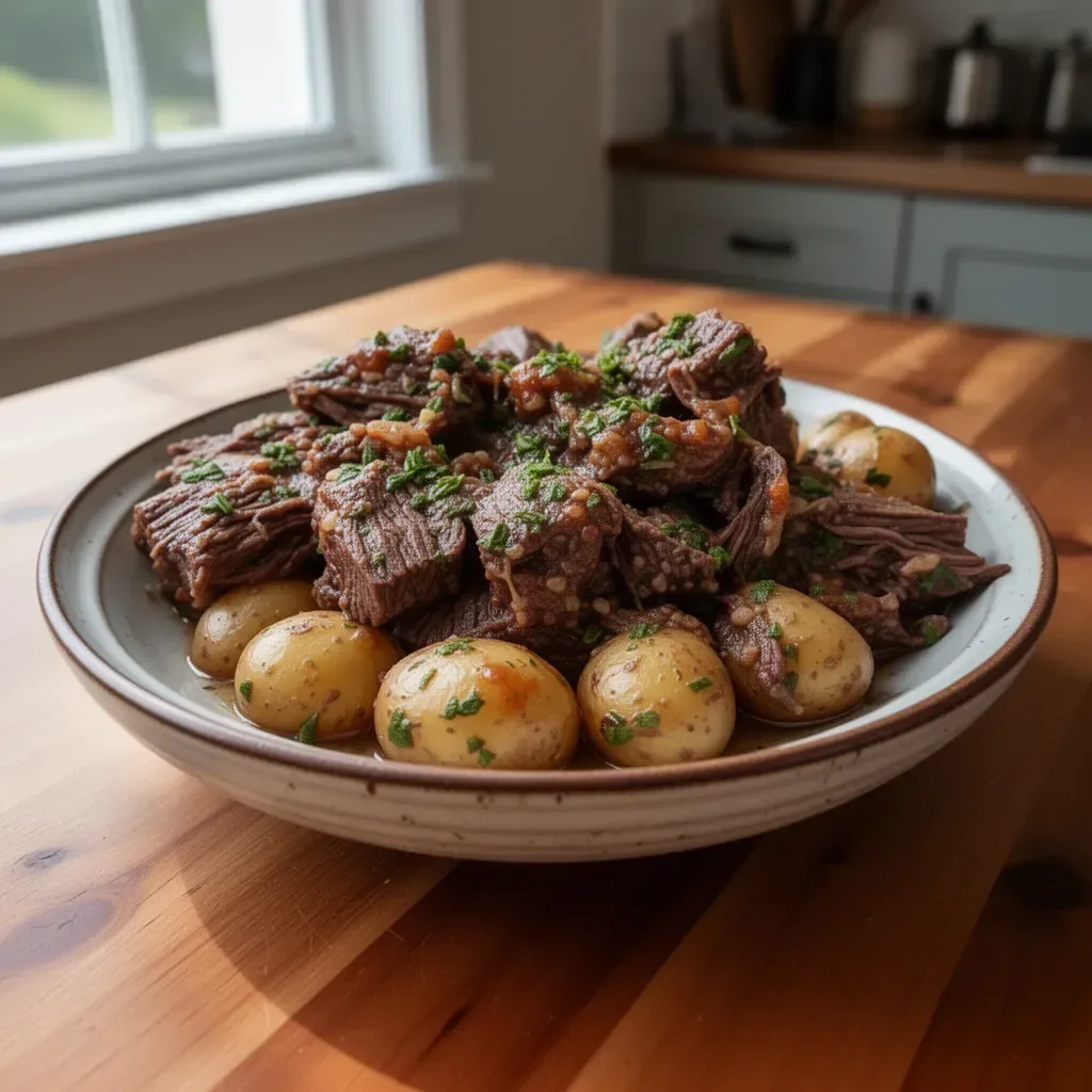 Slow cooker garlic butter beef served with tender potatoes