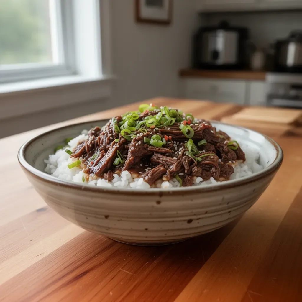 Slow Cooker Korean Beef served in a bowl with rice and garnished with green onions