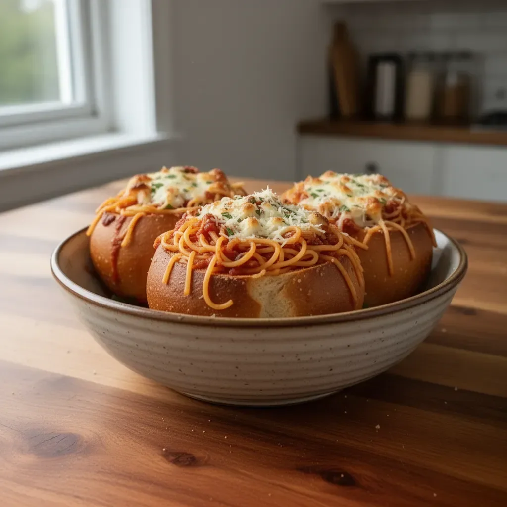Spaghetti garlic bread bowls filled with delicious pasta and melted cheese
