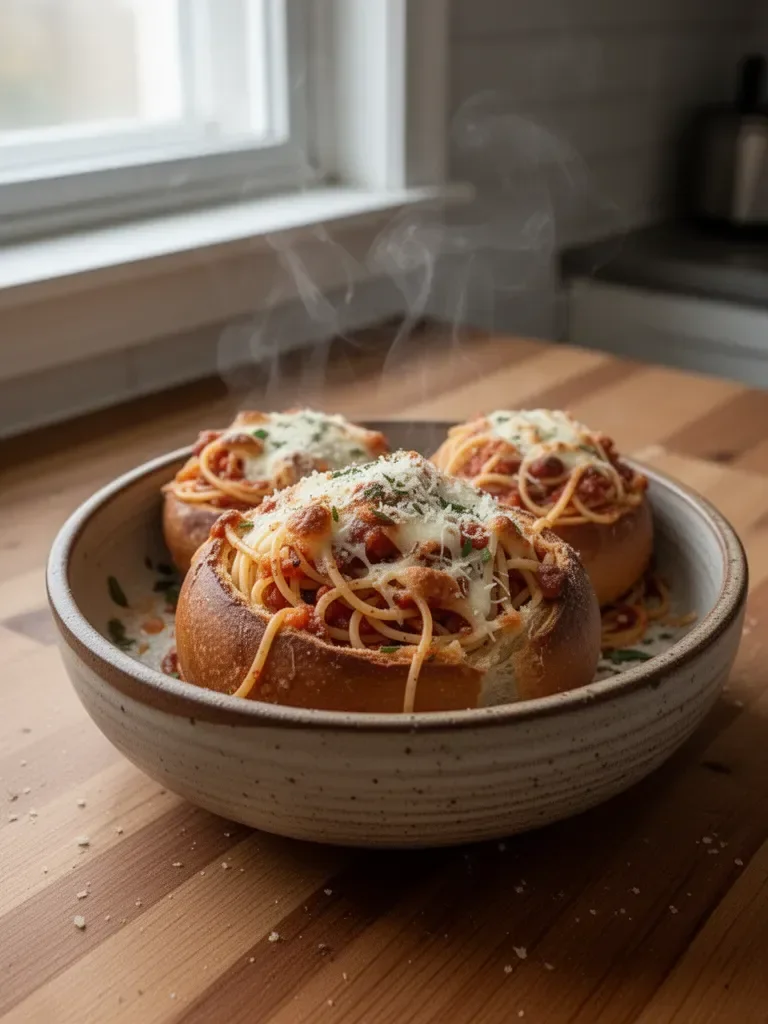 Spaghetti Garlic Bread Bowls