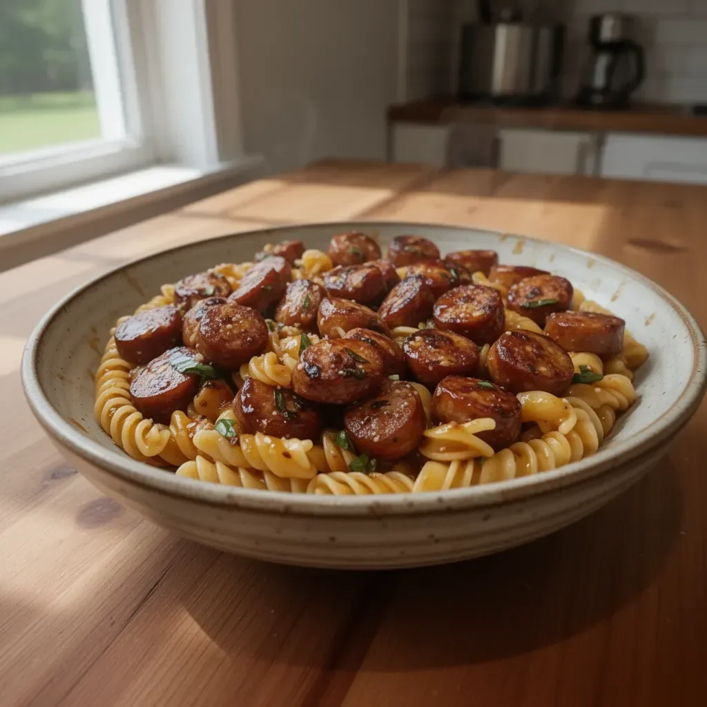 Sticky honey garlic sausage pasta skillet with fresh herbs and spices