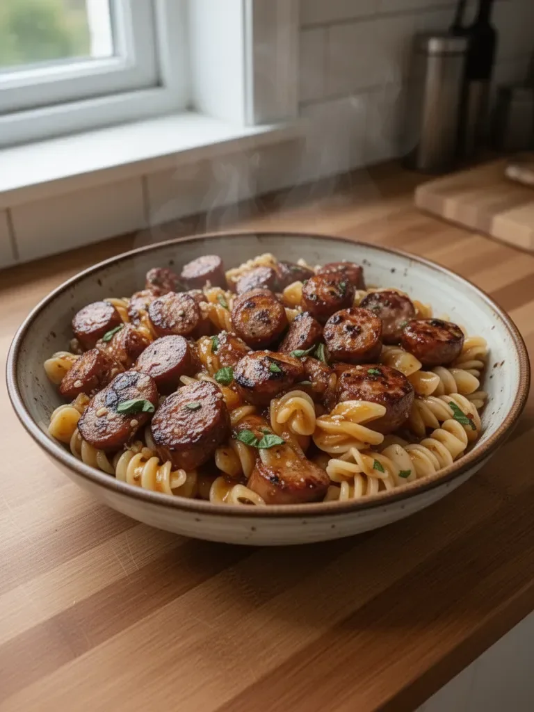 Sticky Honey Garlic Sausage Pasta Skillet