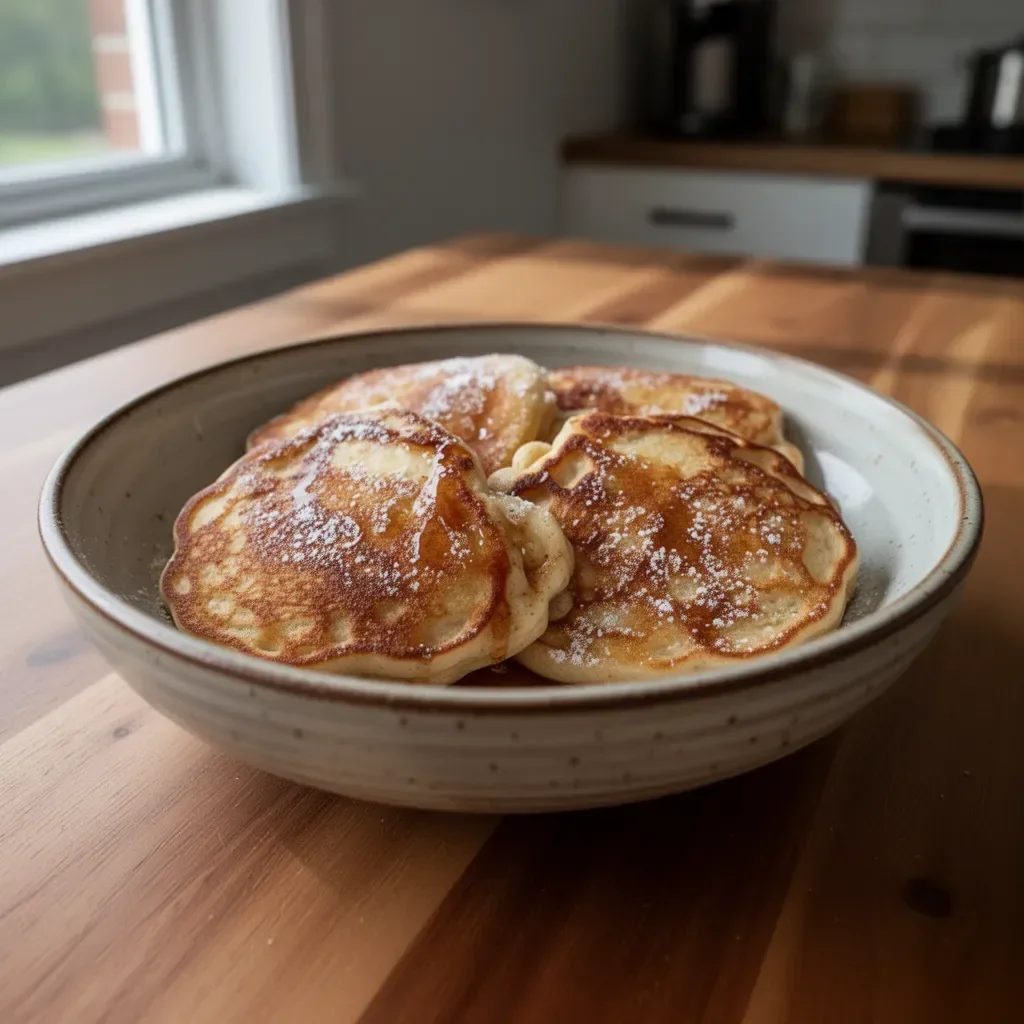 Fluffy apple cinnamon pancakes topped with syrup and fresh apples