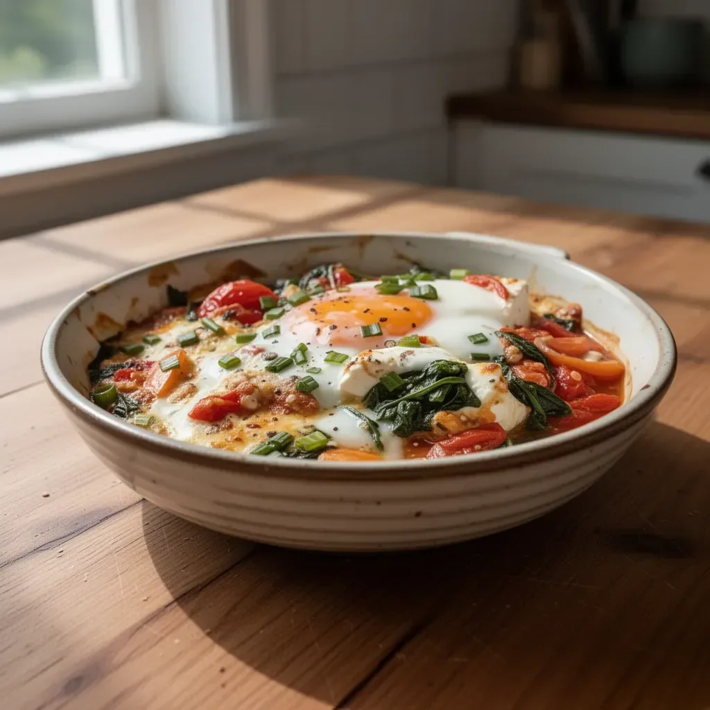 Baked feta eggs with fresh tomatoes and spinach in a vibrant dish