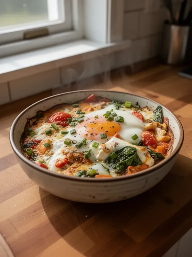 Baked Feta Eggs with Tomatoes and Spinach