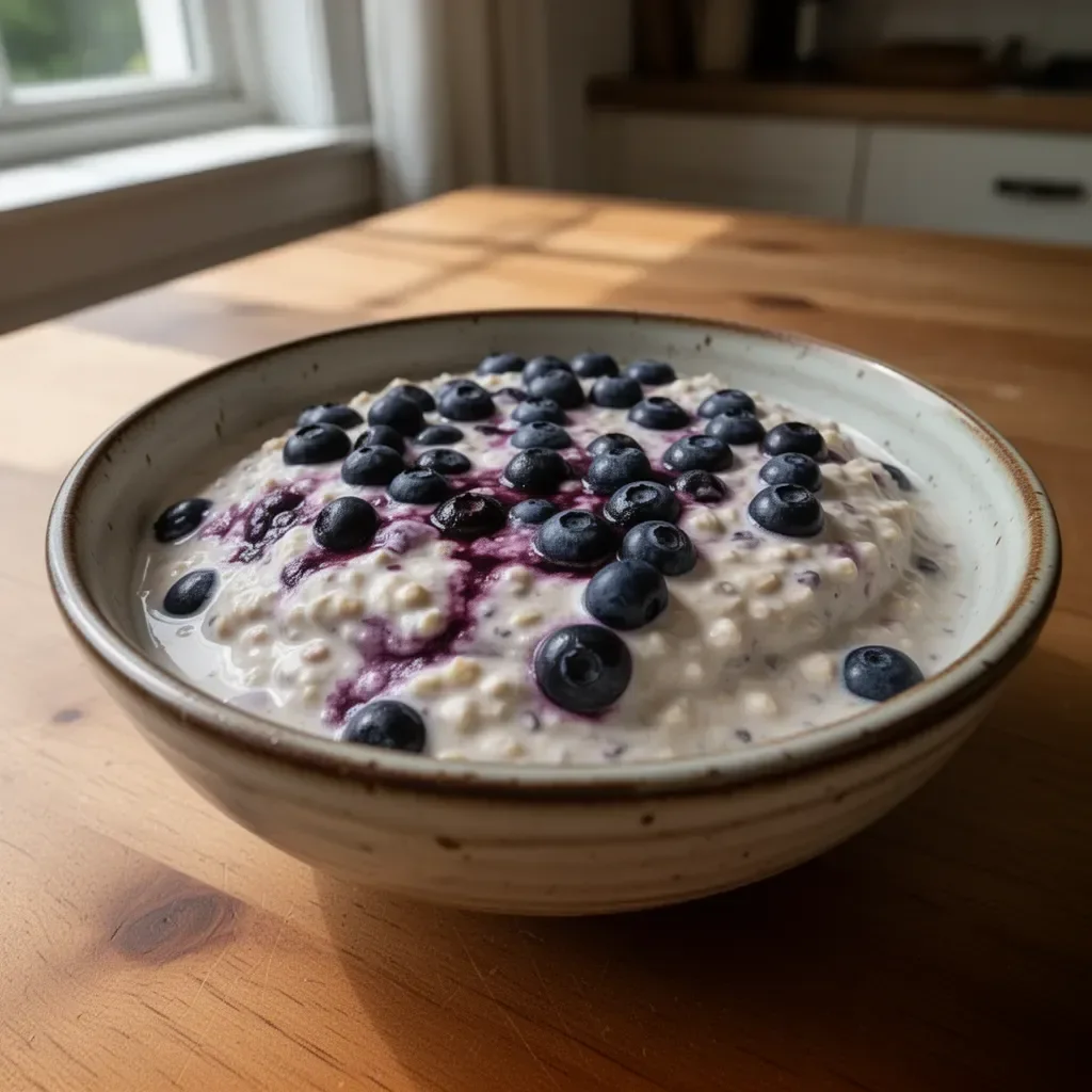 Delicious blueberry overnight oats served in a glass jar with fresh blueberries and oats