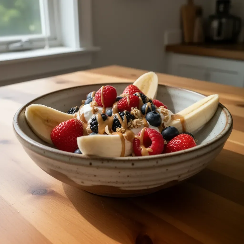 Breakfast Banana Split with fresh fruits and yogurt