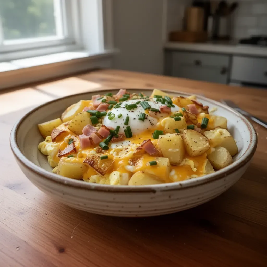 Cheesy Potato Egg Scramble served in a bowl, topped with fresh herbs