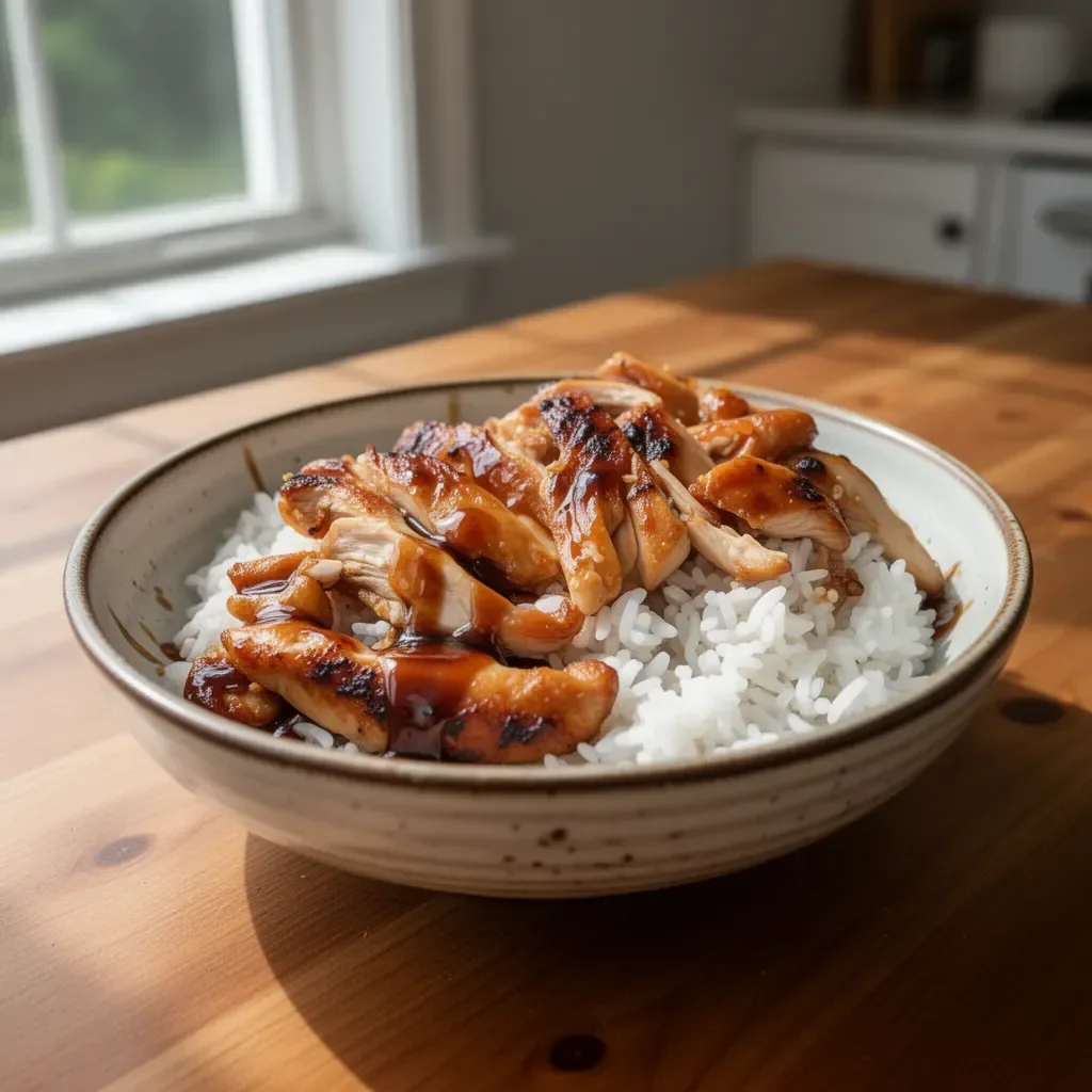 Delicious grilled teriyaki chicken served with rice and vegetables