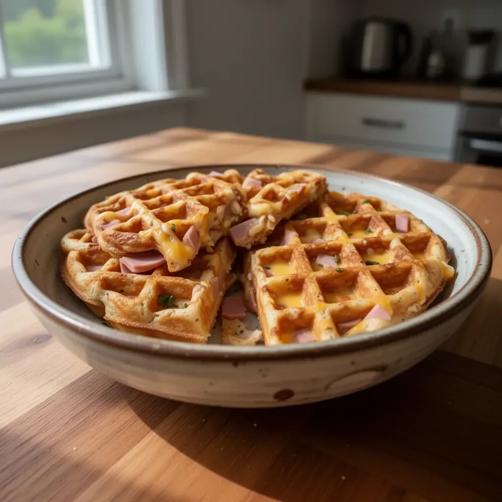 Plate of easy ham and cheese chaffles served with dipping sauce