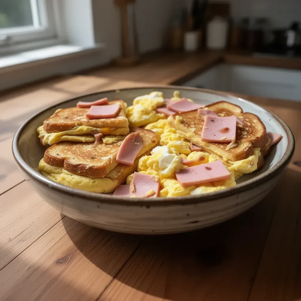 Egg and ham breakfast plate with toast and fresh herbs