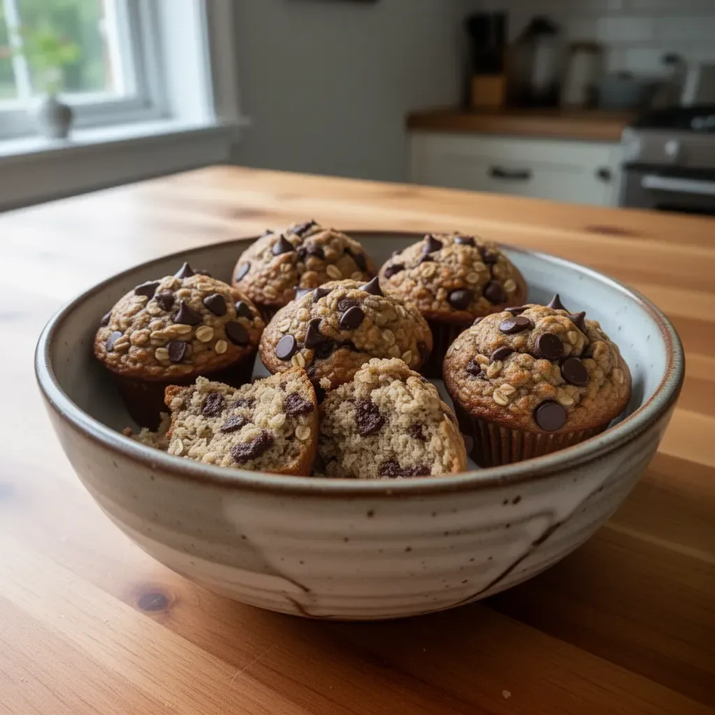 Oatmeal chocolate chip muffins fresh out of the oven, perfect for breakfast.