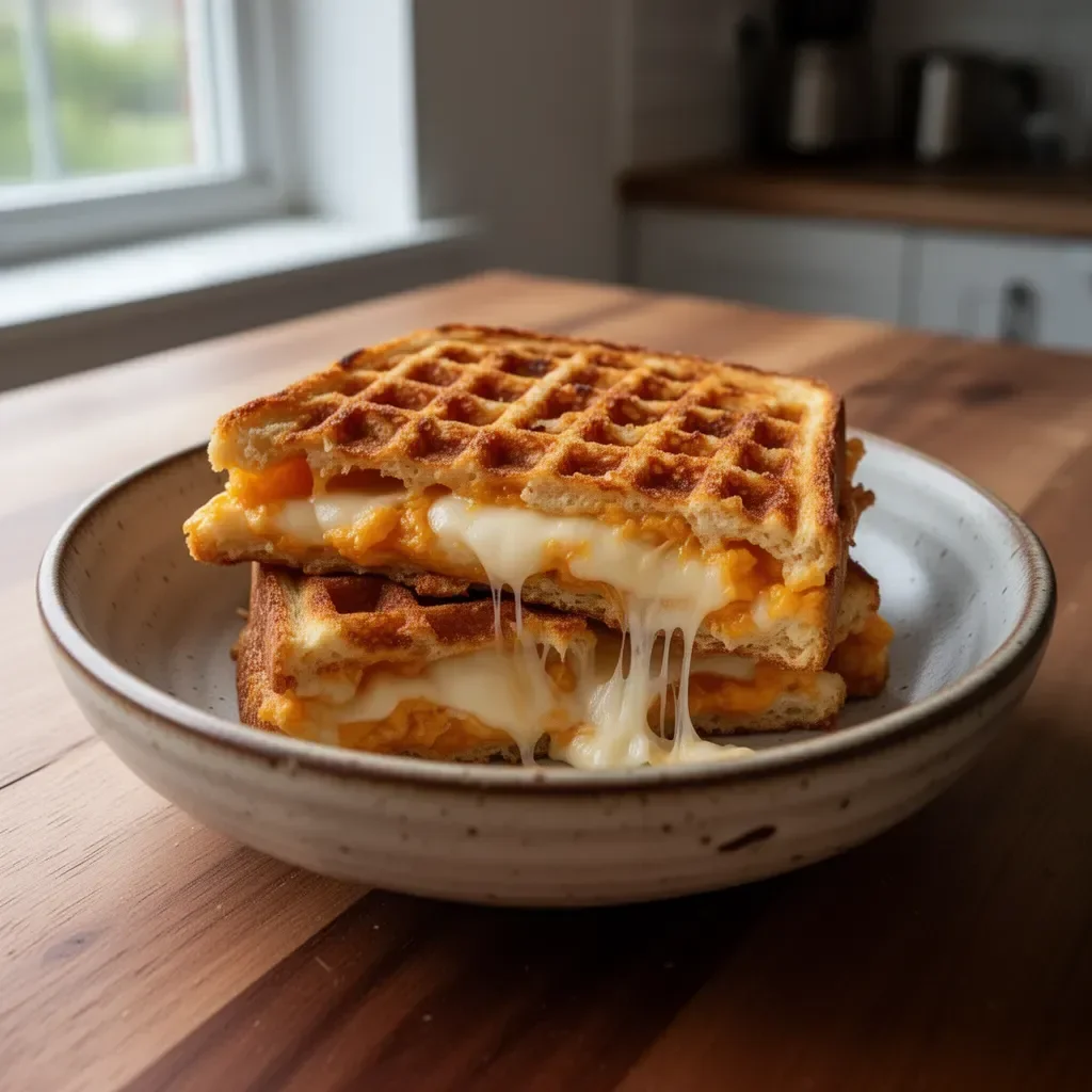 Fluffy grilled cheese chaffle on a plate with melty cheese