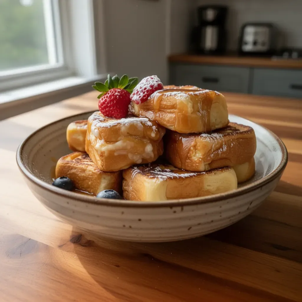 Golden Hawaiian Roll French Toast topped with syrup and fresh fruit