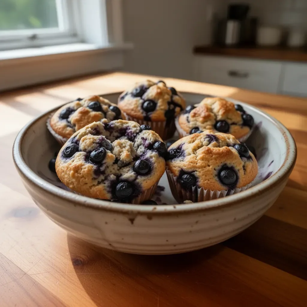 Hearty blueberry protein muffins fresh out of the oven on a cooling rack