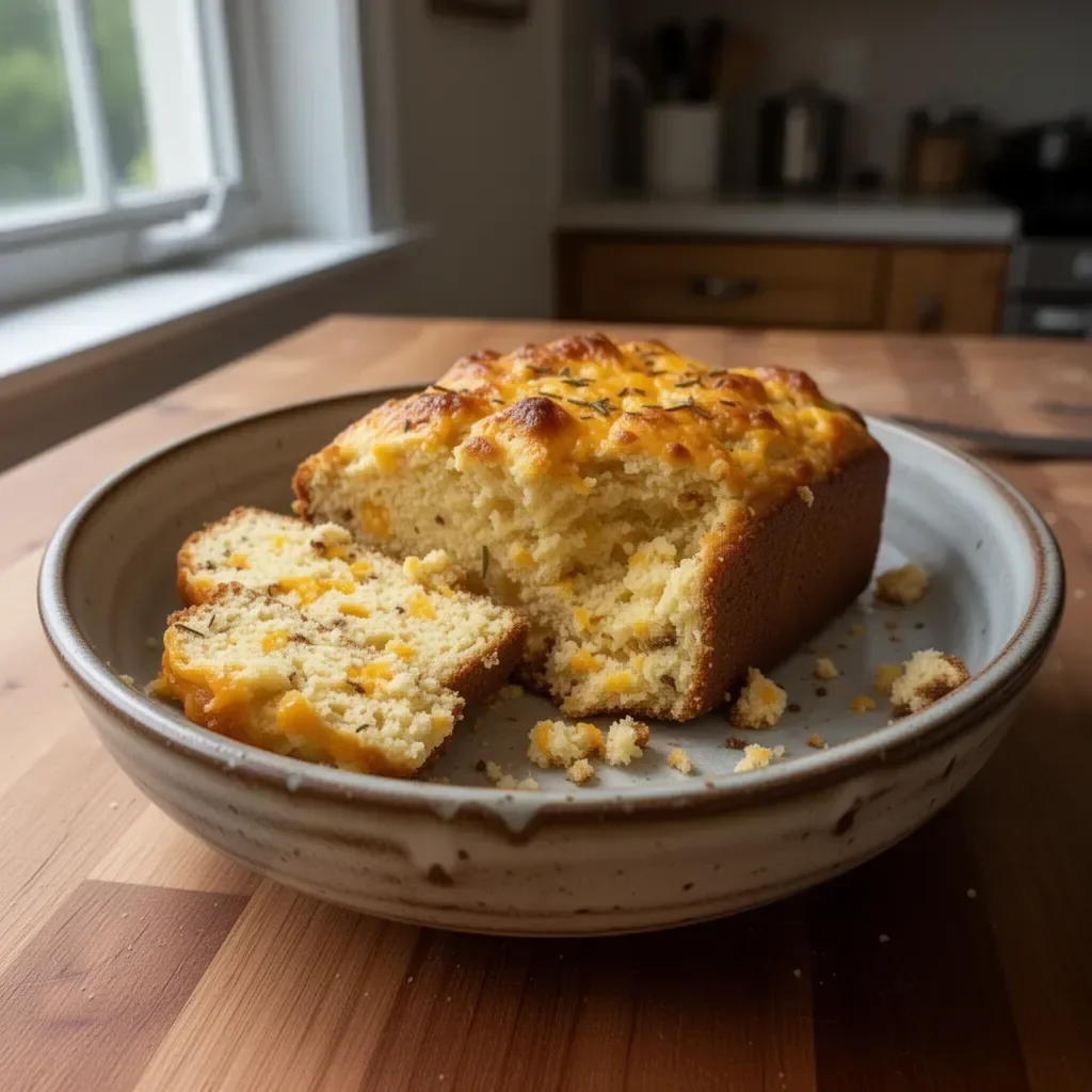 Loaf of irresistibly easy cheddar cheese quick bread fresh from the oven