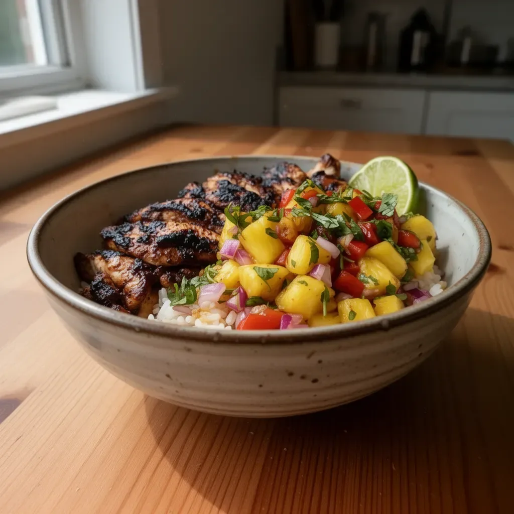 Jerk chicken bowl topped with vibrant pineapple salsa in a white dish