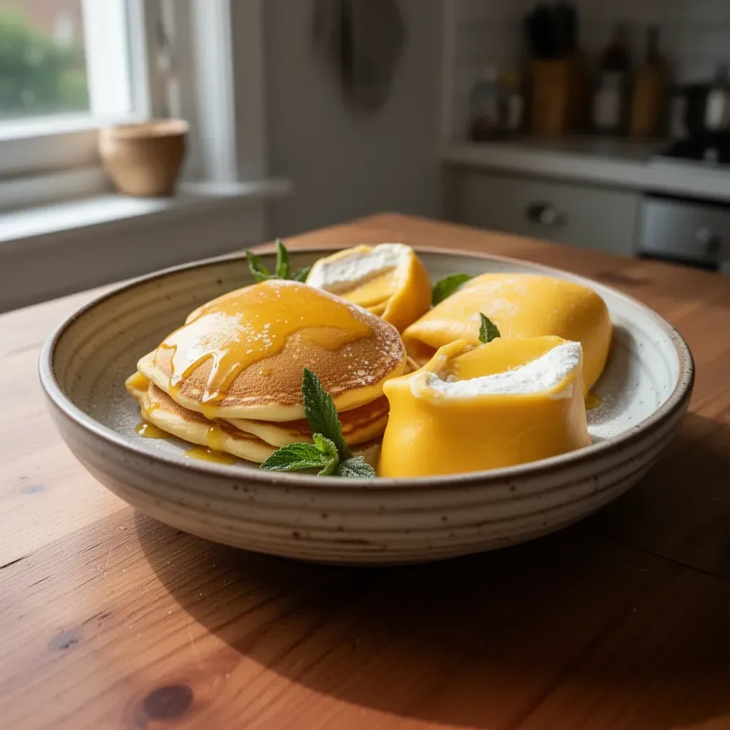 Delicious mango pancakes topped with fresh mango slices and syrup