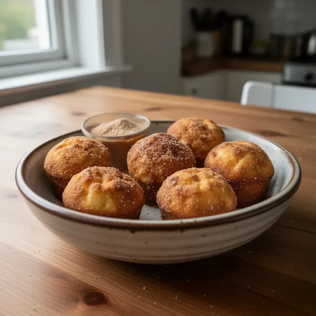 Mini French Breakfast Puffs on a rustic wooden table, fresh and delicious.