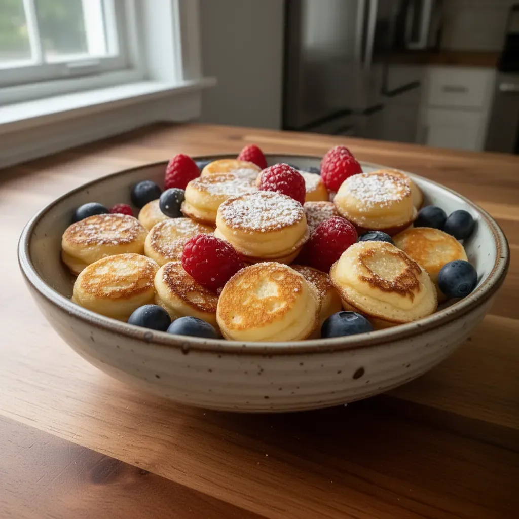 Fluffy pancake mini muffins served on a plate with syrup and berries