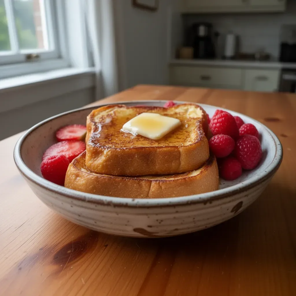 Deliciously fluffy vanilla French toast served with syrup and berries