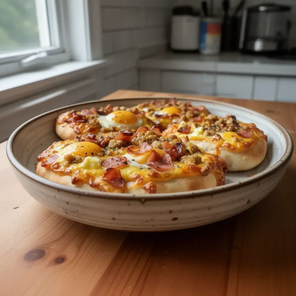 Personal breakfast pizza topped with eggs, bacon, and cheese for a delicious morning meal