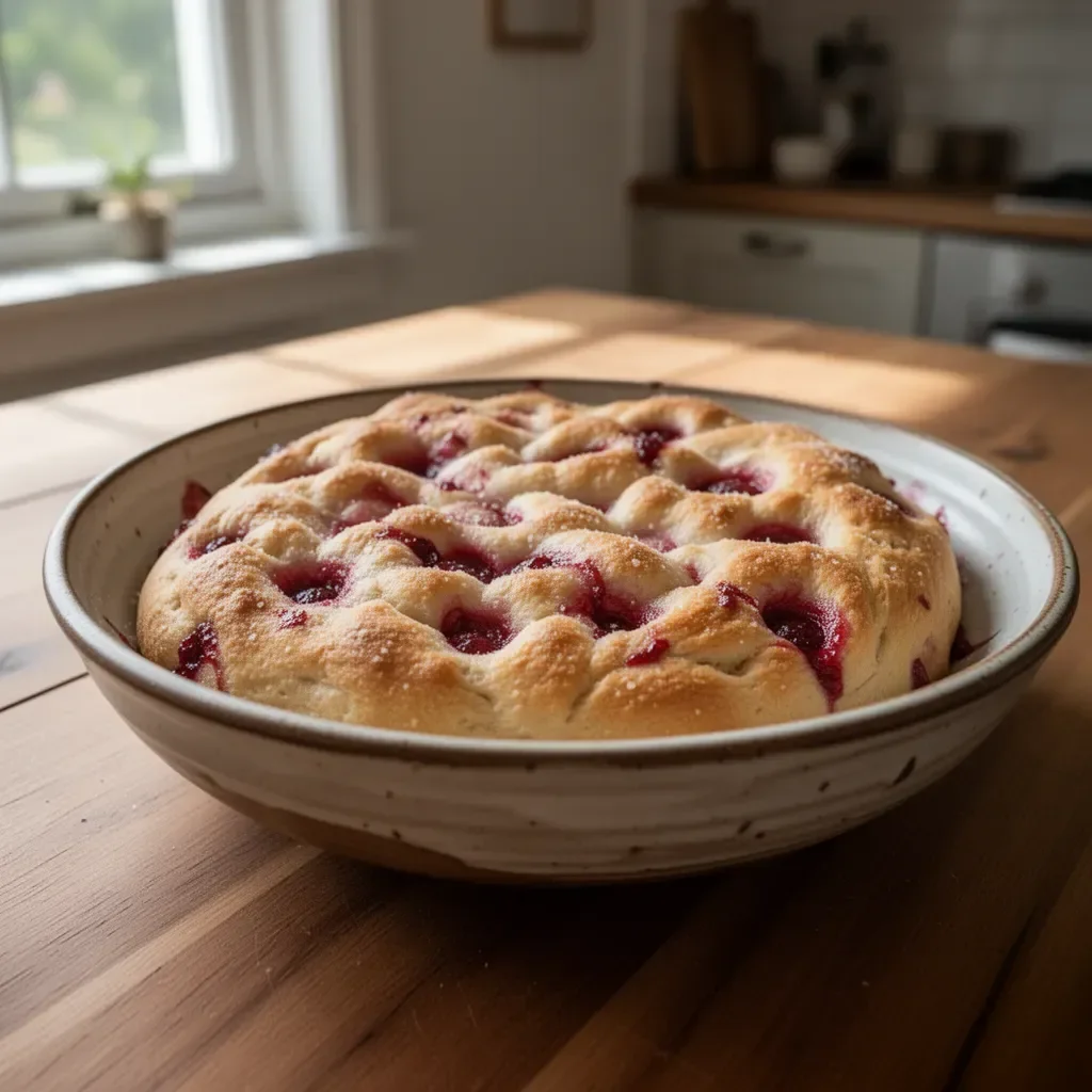 Quick Jam Doughnut Focaccia topped with sugar and filled with jam