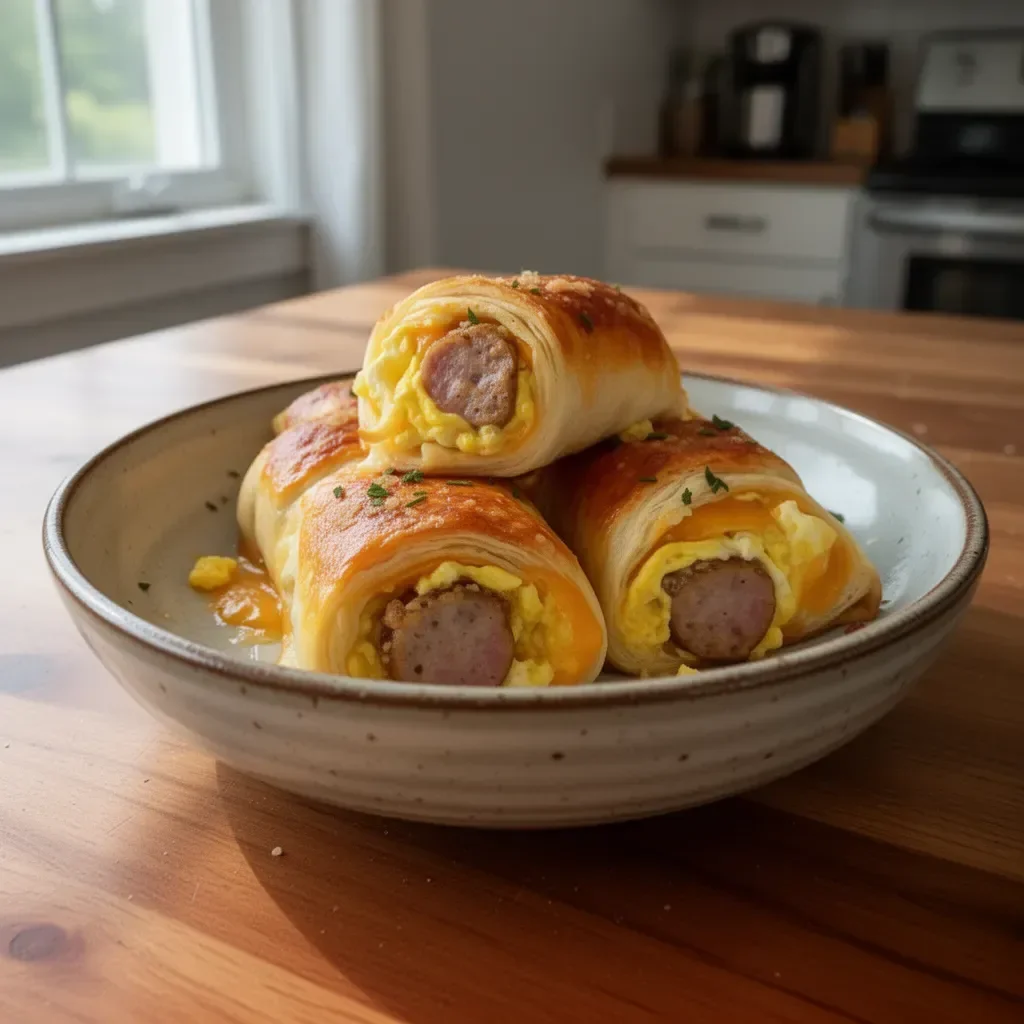 Sausage, egg, and cheese breakfast roll-ups served on a plate.