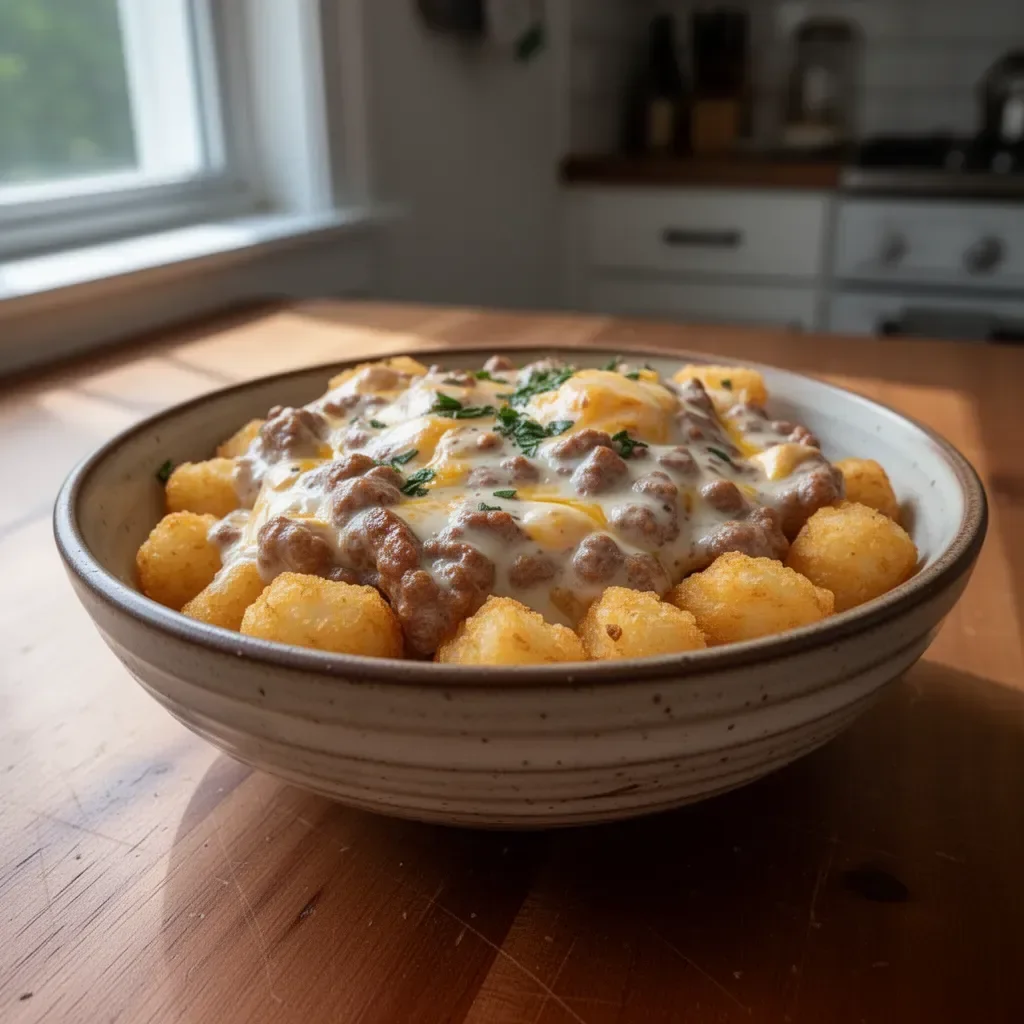 Delicious tater tot breakfast bowl topped with eggs and cheese